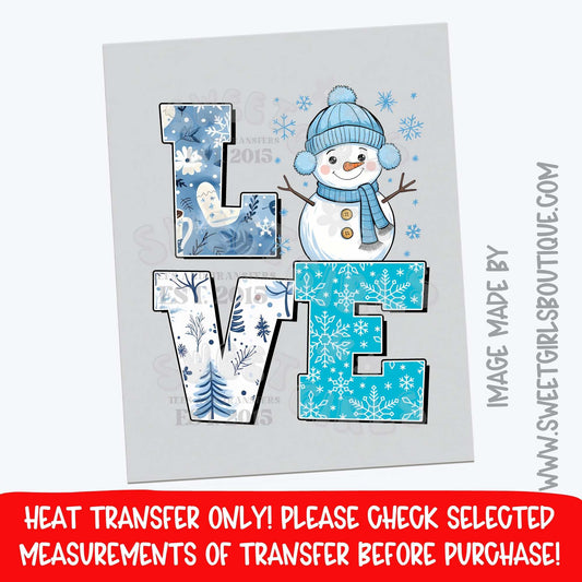 LOVE Snowman Winter Heat Transfer – Blue Snowflake Lettering DTF Print (Not a Shirt)