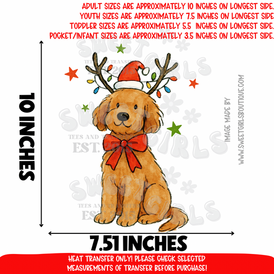 Golden Doodle Christmas Dog DTF Heat Transfer | Reindeer Antlers & Lights Holiday Iron-On | Ready to Press Cold Peel Transfer for DIY Festive Tees & Hoodies