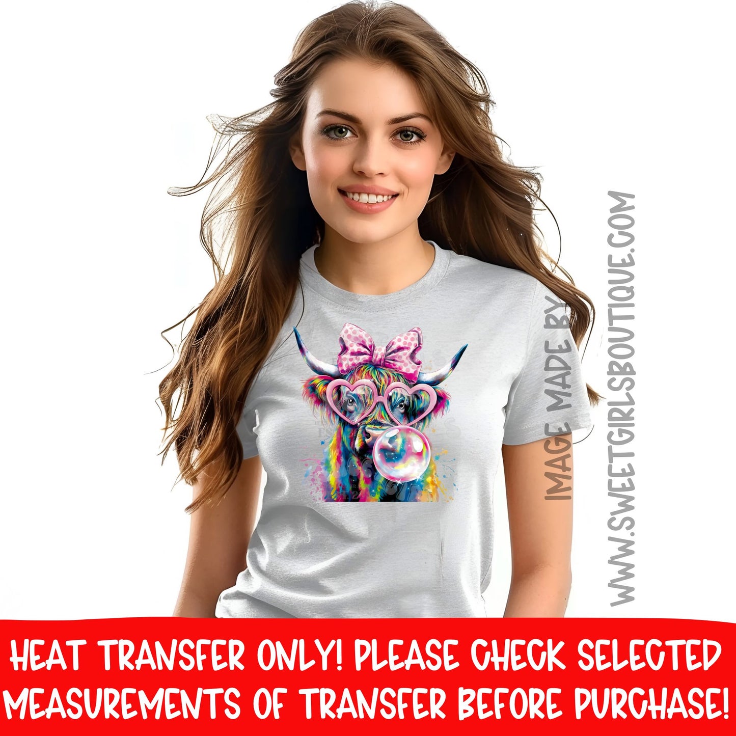 Highland Cow Bubblegum Bow Heat Transfer – Cute Pink Glasses Cowgirl DTF Print for Kids & Adults