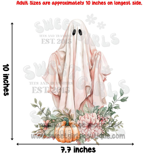 Girly Ghost DTF Heat Transfer – Cute Halloween Floral Shirt Iron-On – Pink Pumpkin Ghost Printable Transfer for DIY Tees