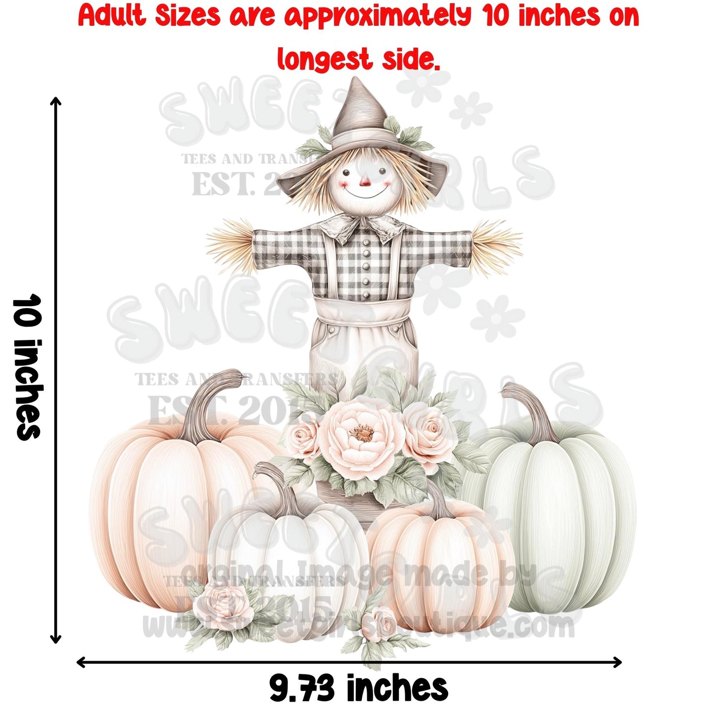 Fall Scarecrow with Pumpkins DTF Heat Transfer – Soft Autumn Floral Shirt Iron-On – Neutral Fall Printable Transfer for DIY Tees
