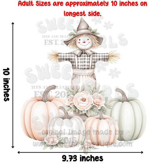Fall Scarecrow with Pumpkins DTF Heat Transfer – Soft Autumn Floral Shirt Iron-On – Neutral Fall Printable Transfer for DIY Tees