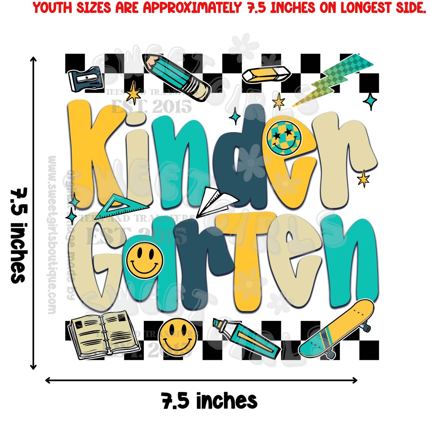 Back to School DTF Heat Transfer – PreK to 3rd Grade Kids Shirt Design – Fun Elementary Printable Transfer with Smiley and School Supplies
