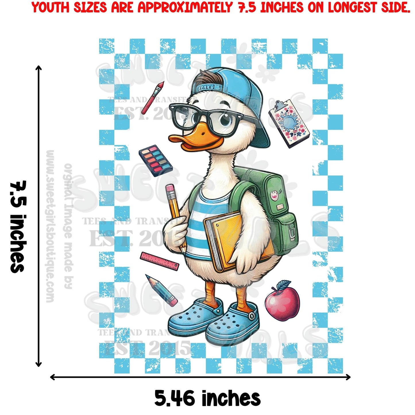 Back to School Duck DTF Heat Transfer – Pink or Blue Style – Cute Animal Student Shirt Design for DIY Fall Tees