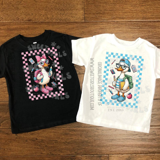 Back to School Duck DTF Heat Transfer – Pink or Blue Style – Cute Animal Student Shirt Design for DIY Fall Tees