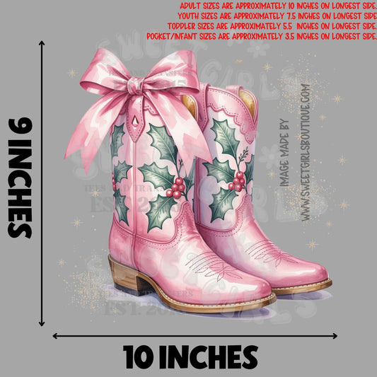 Pink Cowgirl Christmas Boots Heat Transfer – Western Holiday Holly Bow Iron-On DTF Print for DIY Shirts, Cute Country Christmas Printable Transfer