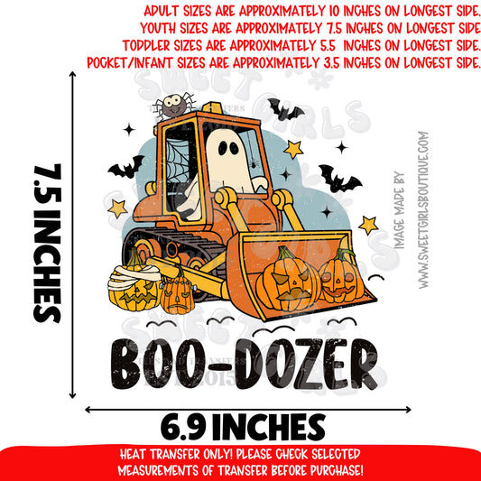 Boo-Dozer Halloween Ghost Pumpkin Bulldozer DTF Heat Transfer | Cute Spooky Ghost Iron On | Fall Pumpkin Bat Spider Halloween Shirt Print | DIY Craft Supplies