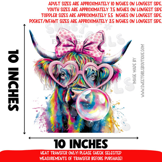 Highland Cow Bubblegum Bow Heat Transfer – Cute Pink Glasses Cowgirl DTF Print for Kids & Adults
