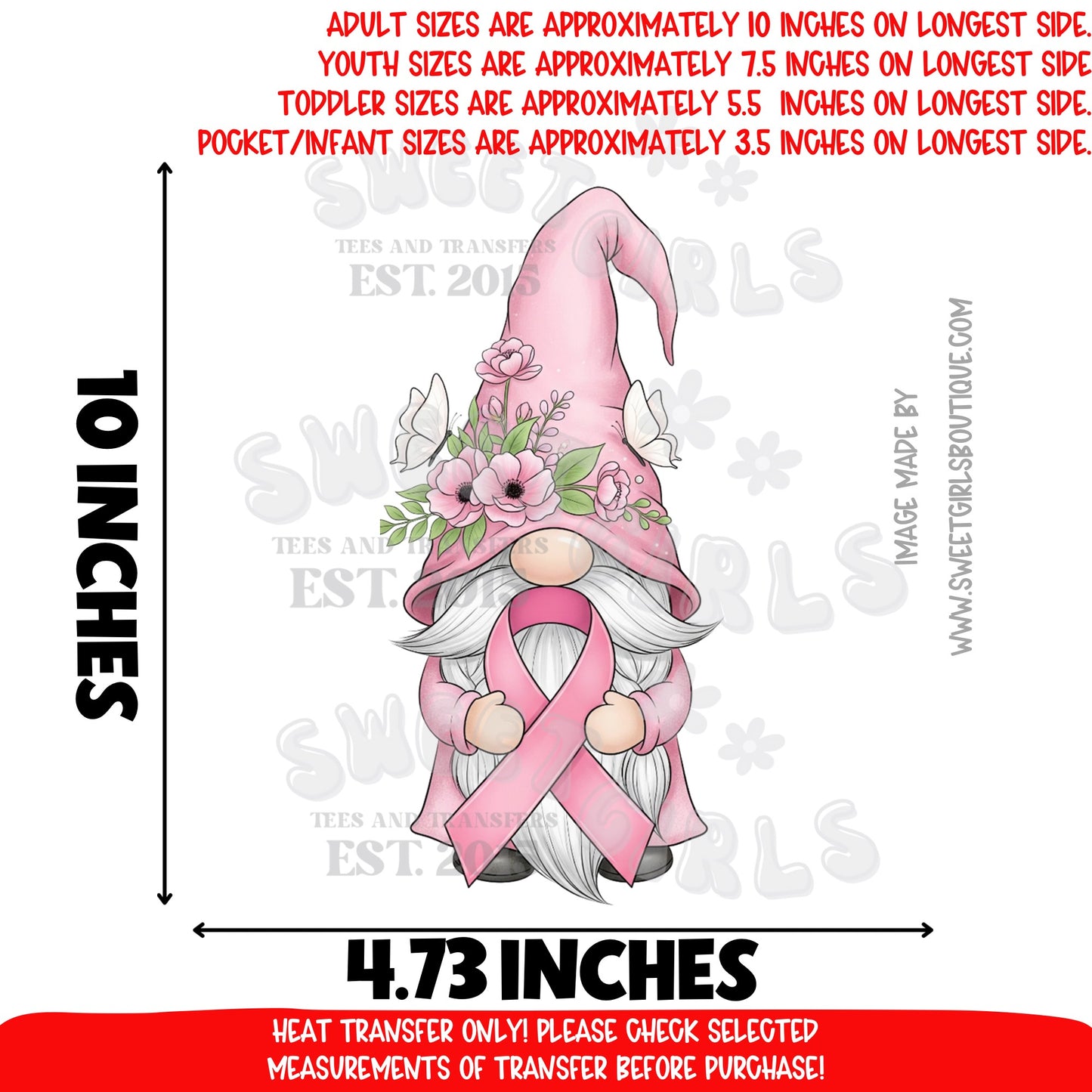 Pink Gnome Awareness Ribbon DTF Heat Transfer – Think Pink floral hat, support & survivor gift, October awareness printable transfer for shirts