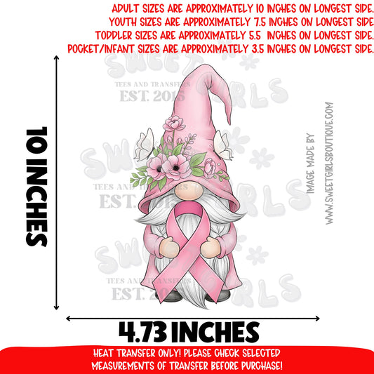 Pink Gnome Awareness Ribbon DTF Heat Transfer – Think Pink floral hat, support & survivor gift, October awareness printable transfer for shirts