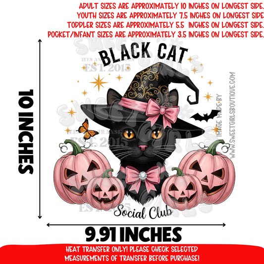 Black Cat Social Club DTF Heat Transfer – witch hat, pink pumpkins, gothic cute Halloween printable transfer for shirts