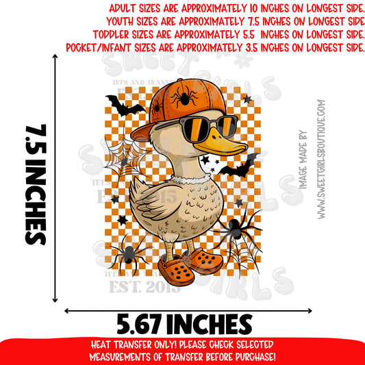 Halloween Duck Heat Transfer | Cool Goose with Pumpkin Hat Sunglasses Orange Black Checkered Fall DTF Iron-On Design