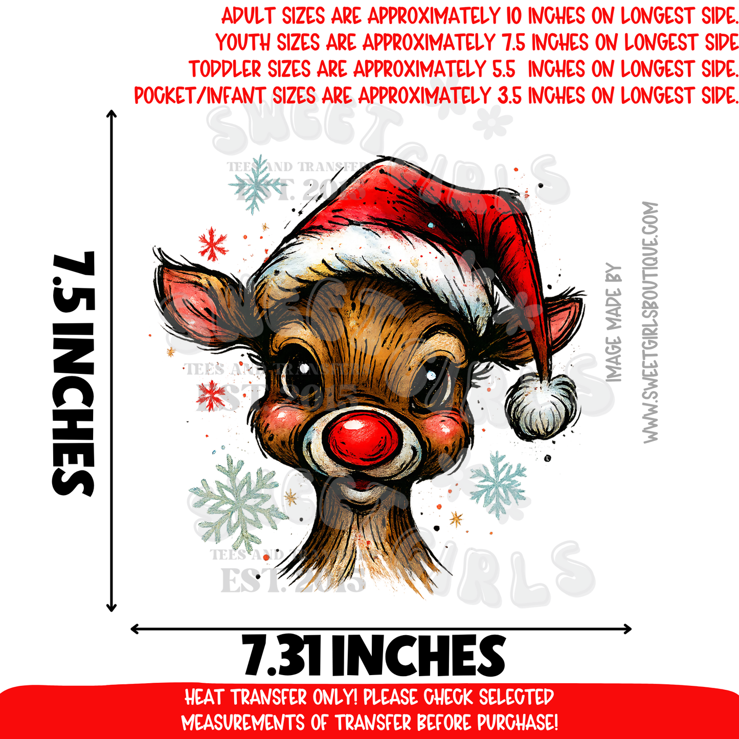 Cute Rudolph Reindeer Christmas DTF Heat Transfer | Holiday Santa Hat Reindeer Iron-On | Ready to Press Cold Peel Transfer for DIY Holiday Tees & Sweatshirts