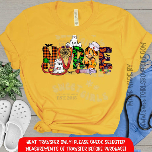 Halloween Nurse Heat Transfer – Cute Ghost Nurse Medical DTF Print for Healthcare Workers