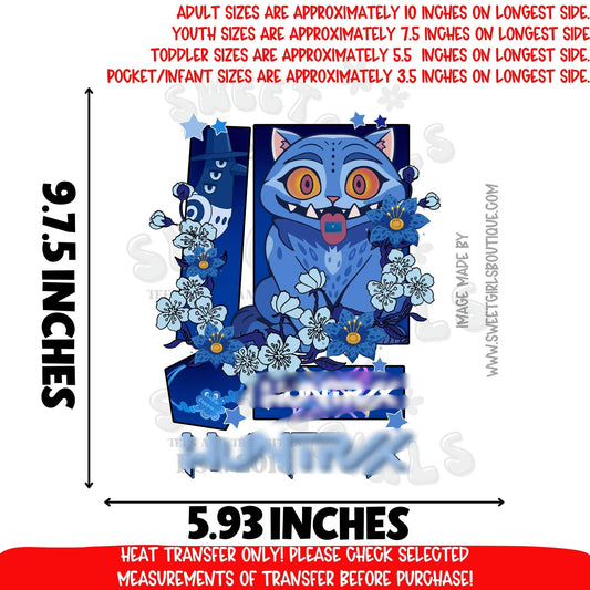 K‑Pop Anime Blue Cat DTF Heat Transfer – kawaii floral kitty, pastel aesthetic, cute otaku style printable transfer for shirts