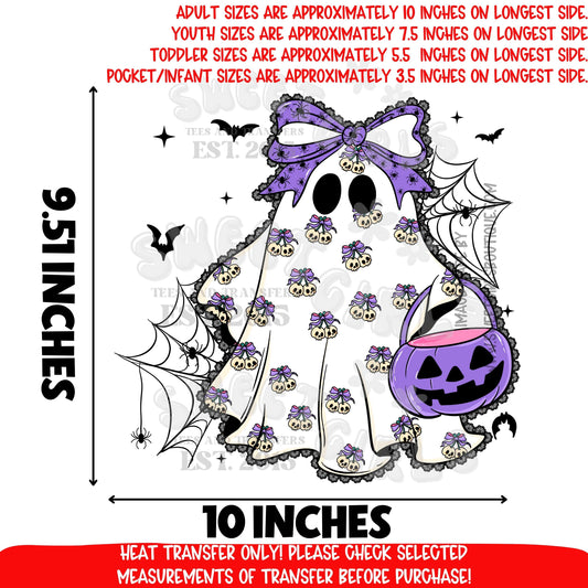 Girly Ghost with Purple Bow Halloween DTF Heat Transfer | Cute Spooky Ghost with Pumpkin Bucket | DIY Halloween Shirt Iron-On