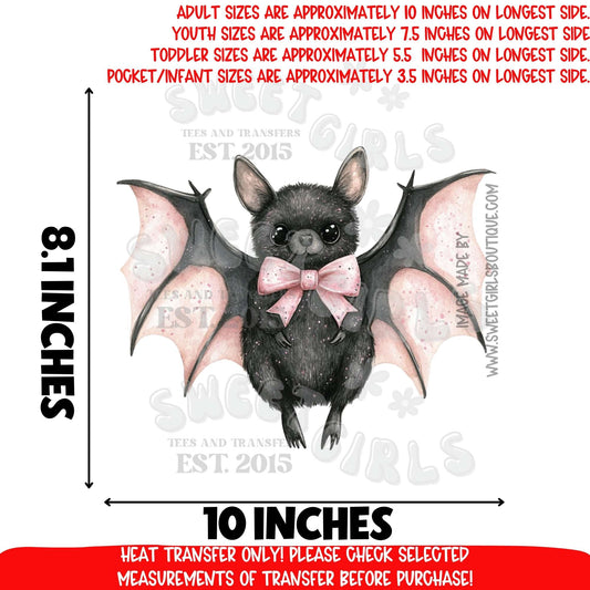 Halloween Cute Bat DTF Heat Transfer | Pink Bow Kawaii Bat Shirt Iron-On | Spooky Cute DIY Printable Transfer