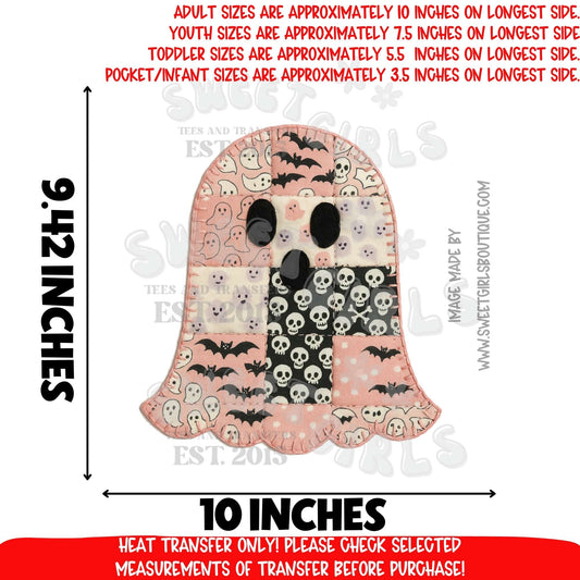 Halloween Patchwork Ghost DTF Heat Transfer | Cute Pink Skull Bat Ghost Iron-On | Fall Halloween Shirt DIY Printable Transfer