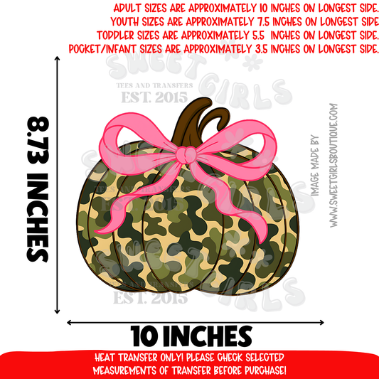 Camo Pumpkin with Pink Bow Heat Transfer | Fall Hunting DTF Print | Camouflage Pumpkin Applique | Cute Country Girl Iron On | Ready to Press Cold Peel Transfer for Shirts, Hoodies, Crafts