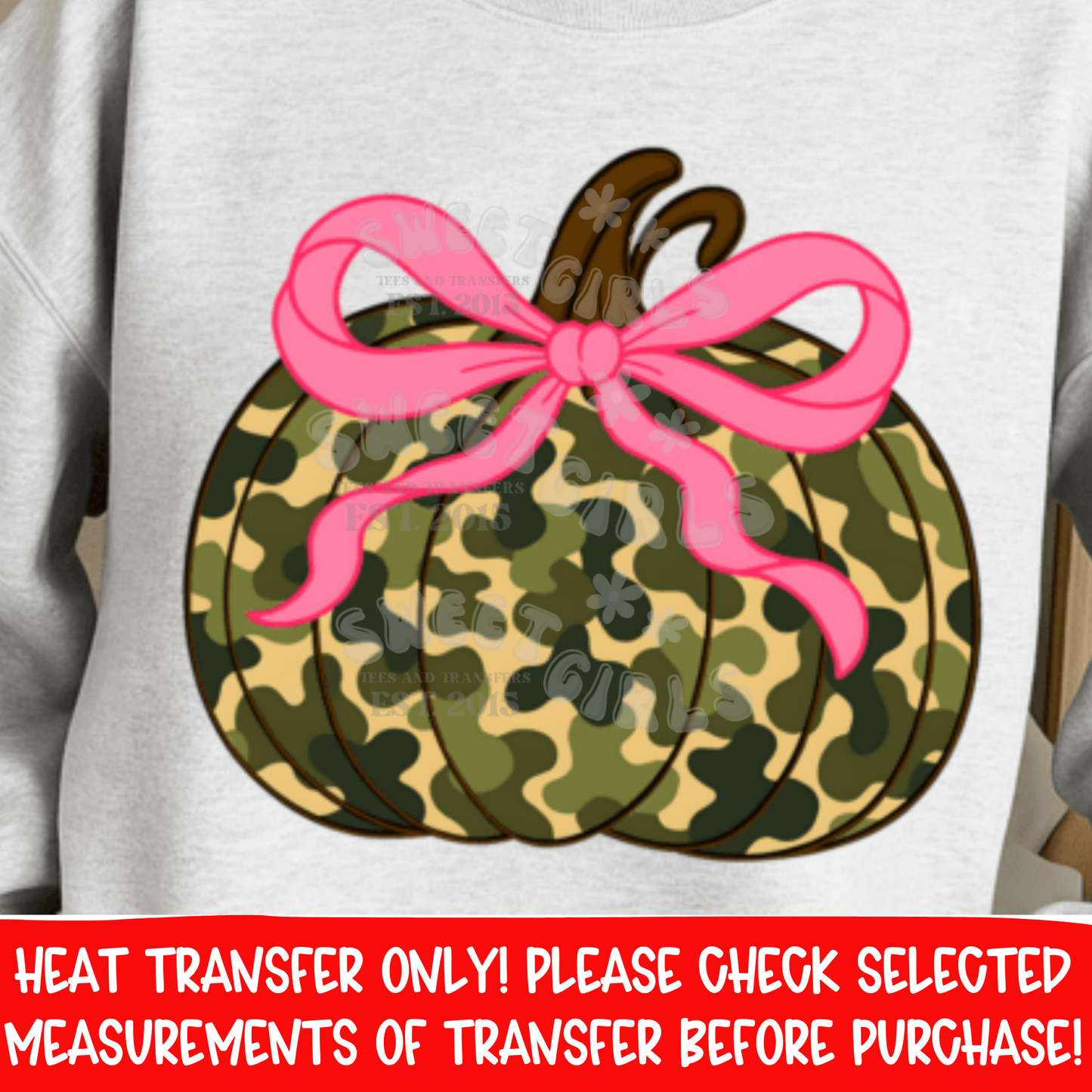 Camo Pumpkin with Pink Bow Heat Transfer | Fall Hunting DTF Print | Camouflage Pumpkin Applique | Cute Country Girl Iron On | Ready to Press Cold Peel Transfer for Shirts, Hoodies, Crafts