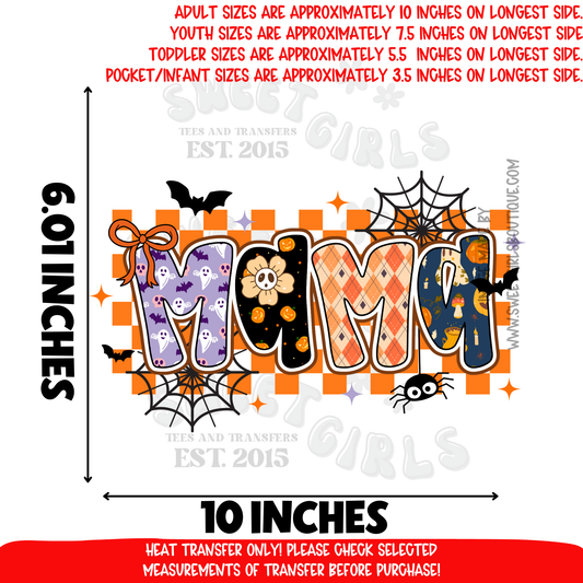 Halloween MAMA Heat Transfer | Spooky Plaid Letters DTF Print | Fall Mom Shirt Iron On | Ghost Spider Bat Pumpkin Applique | Ready to Press Cold Peel Transfer for Shirts, Hoodies, Sweatshirts