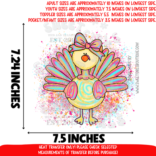 Rainbow Turkey with Bow DTF Heat Transfer | Colorful Thanksgiving Turkey Iron On | Fall Splatter Print Shirt Design | DIY Craft Supplies