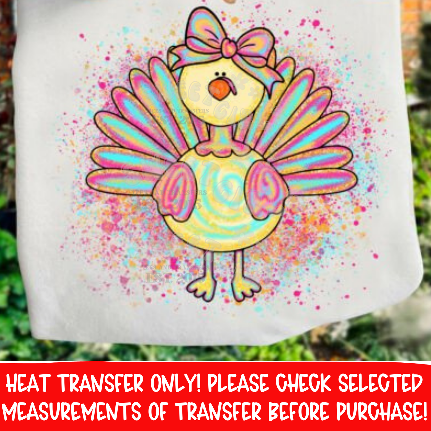 Rainbow Turkey with Bow DTF Heat Transfer | Colorful Thanksgiving Turkey Iron On | Fall Splatter Print Shirt Design | DIY Craft Supplies