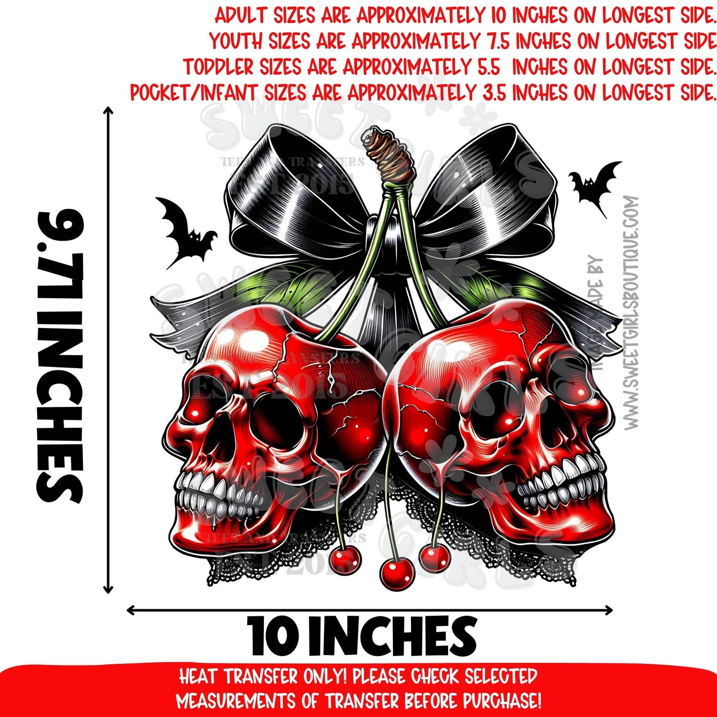 Spooky Cherry Skulls Halloween Heat Transfer – Red Skulls with Cherries & Black Bow DTF Print