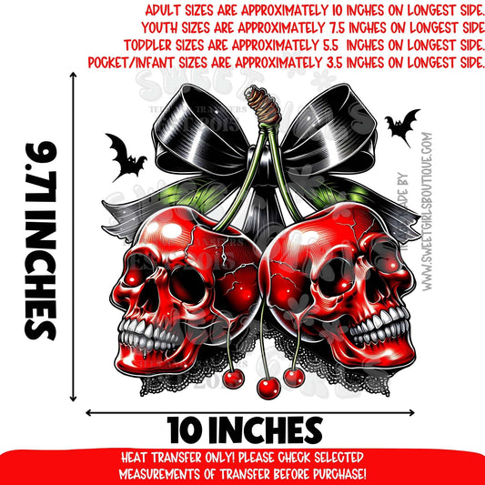 Spooky Cherry Skulls Halloween Heat Transfer – Red Skulls with Cherries & Black Bow DTF Print