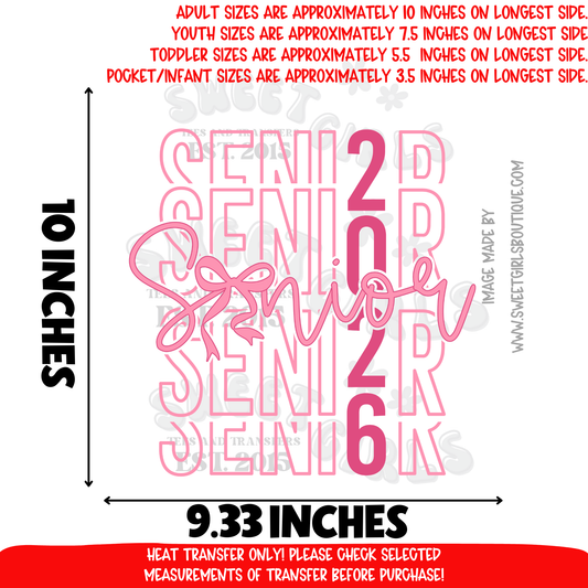 Senior 2026 DTF Heat Transfer | Class of 2026 Graduation Shirt Iron On | Pink Stacked Senior Design | DIY Craft Supplies