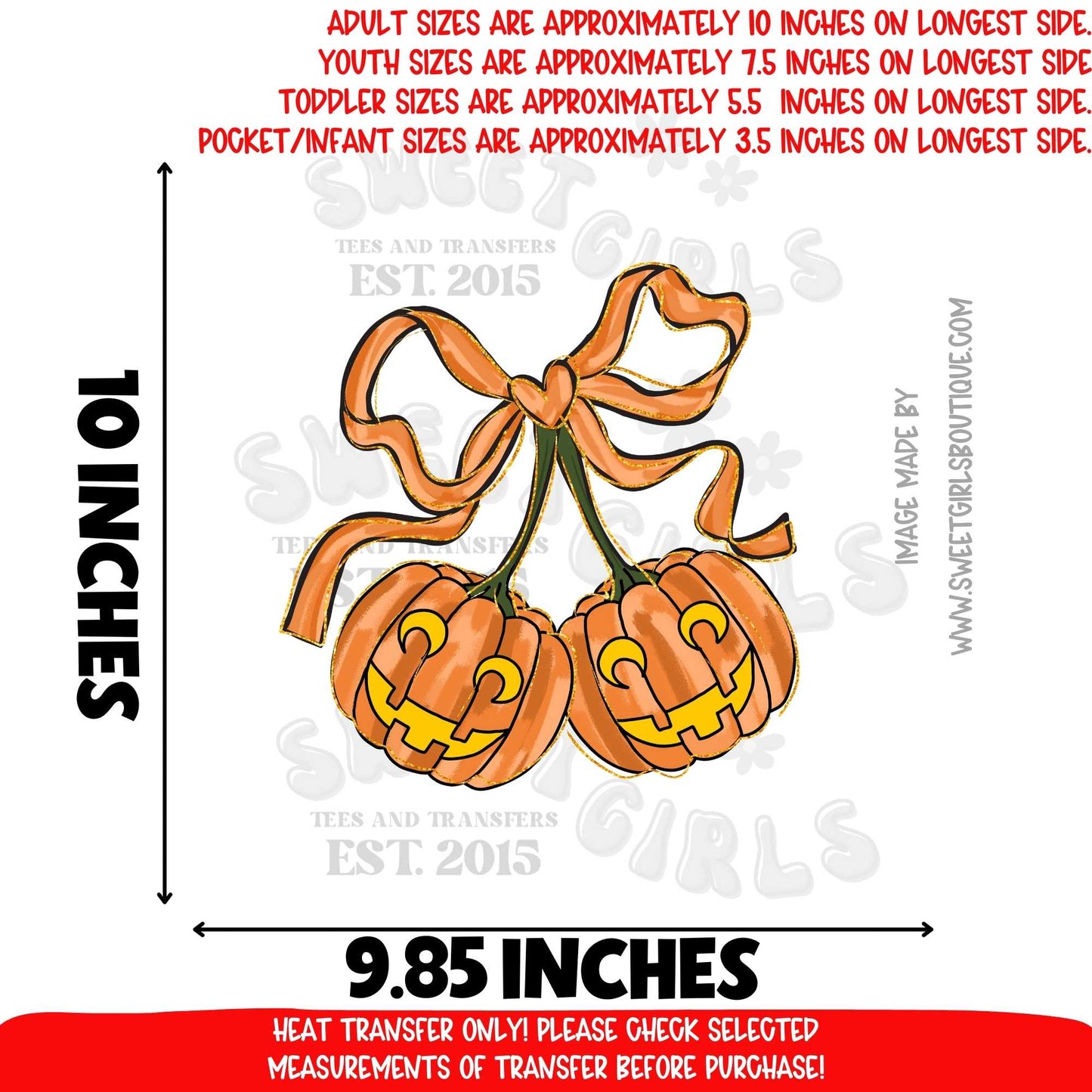 Pumpkin Bow Halloween DTF Heat Transfer | Cute Jack O’Lantern Pair with Ribbon | Fall Pumpkin Bow Iron On | Spooky Cute Shirt Print | DIY Craft Supplies