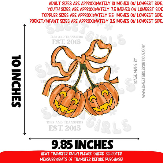 Pumpkin Bow Halloween DTF Heat Transfer | Cute Jack O’Lantern Pair with Ribbon | Fall Pumpkin Bow Iron On | Spooky Cute Shirt Print | DIY Craft Supplies