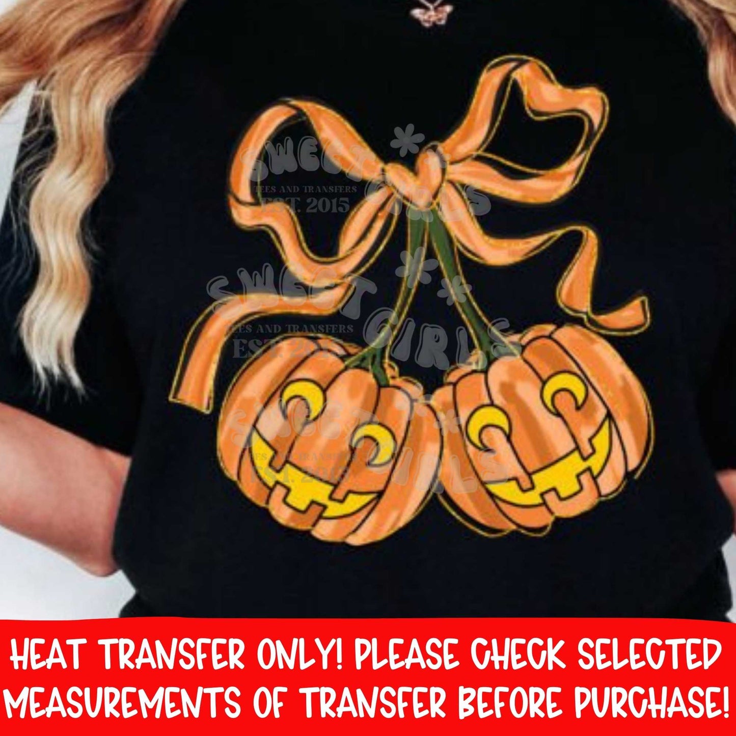 Pumpkin Bow Halloween DTF Heat Transfer | Cute Jack O’Lantern Pair with Ribbon | Fall Pumpkin Bow Iron On | Spooky Cute Shirt Print | DIY Craft Supplies