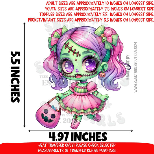 Cute Zombie Girl Halloween DTF Heat Transfer | Pastel Creepy Cute Iron On Cold Peel Ready to Press