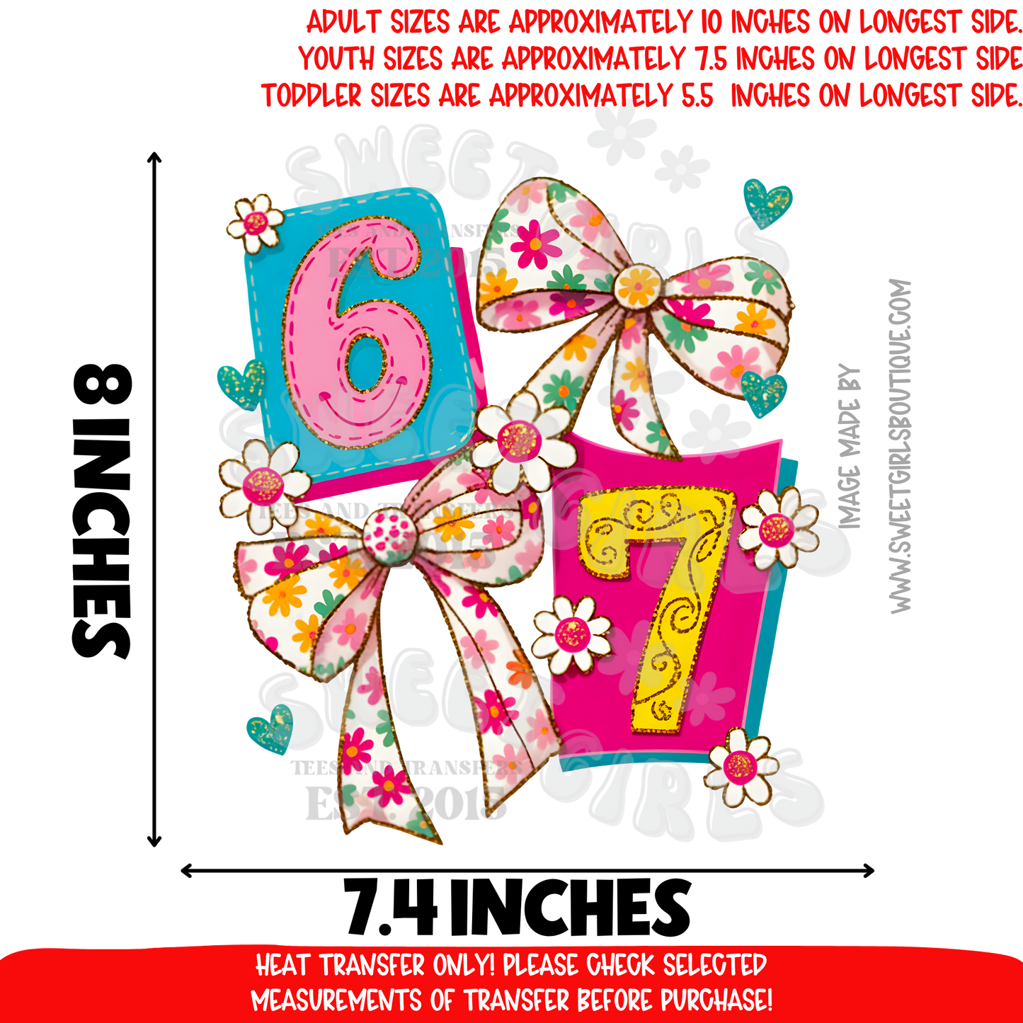 6 & 7 Floral Bow Number Heat Transfer – Cute Colorful DTF Design (Not a Shirt)