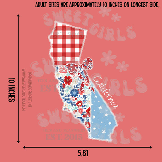 California State Floral Patchwork Heat Transfer – Ready to Press Patriotic Bow Design – USA Floral Gingham & Stars Iron-On Transfer for Shirts, Bags, and More – Trendy Heat Transfer