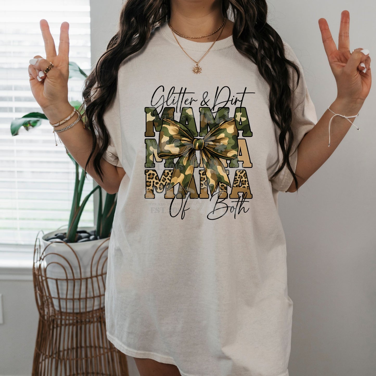 Glitter & Dirt MAMA DTF Transfer – Camo and Leopard Print Iron-On – Country Mom Life Heat Transfer for Tees, Totes, Gifts – Washable & Ready to Press