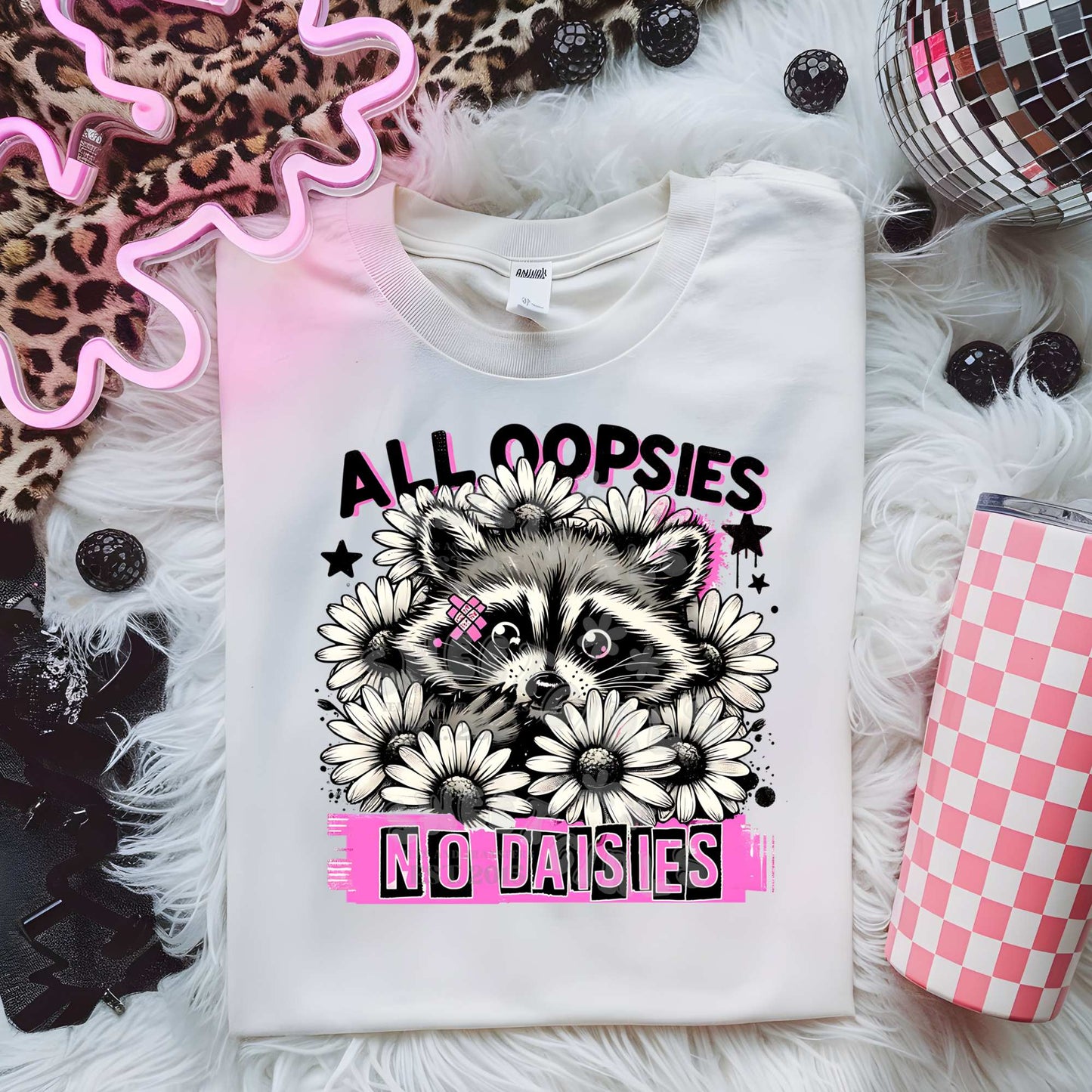All Oopsies No Daisies Raccoon Funny Flower Graphic – Cute Messy Girl DTF Heat Transfer | Trendy Iron-On for Tees and Totes