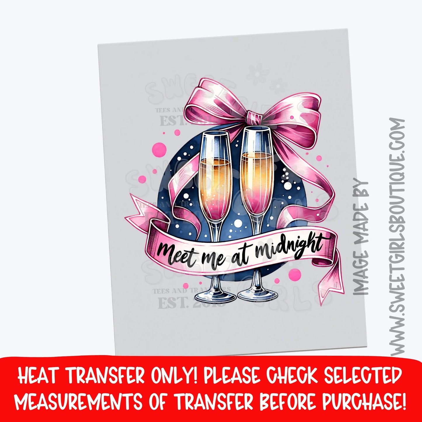 Meet Me At Midnight Champagne Bow New Year Heat Transfer – Glam Sparkle DTF Print (Not a Shirt)