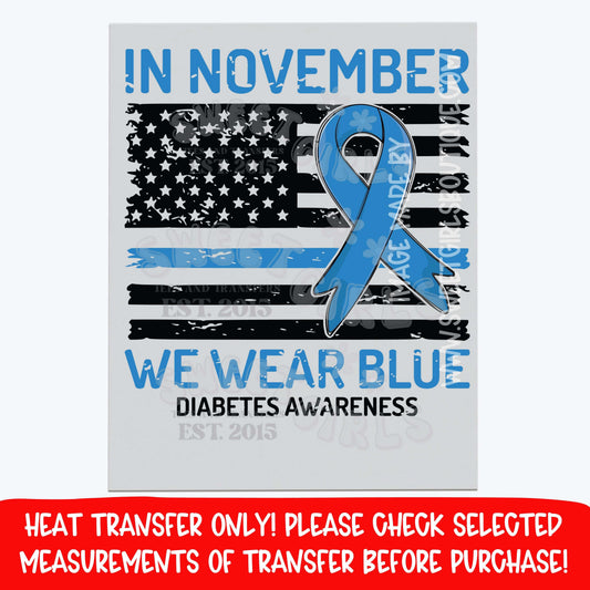 Wear Blue Diabetes Awareness DTF Heat Transfer | American Flag Blue Ribbon Iron On