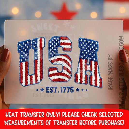 USA American Flag Chenille Heat Transfer DTF Iron On Printable Transfer Patriotic July Fourth Independence Day Not a Shirt