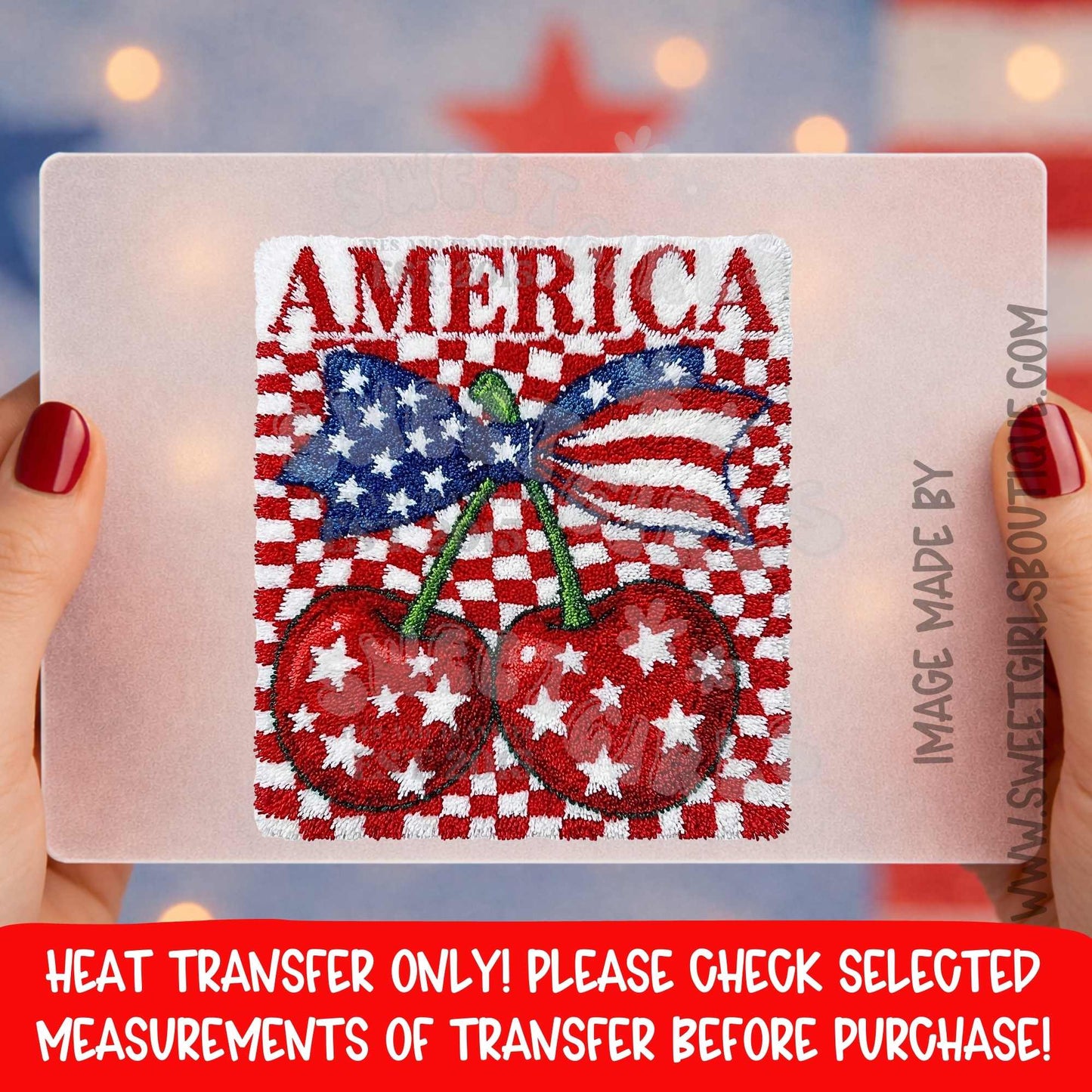 America Patriotic Cherry Gingham Heat Transfer DTF Iron On Printable Transfer Retro Fourth of July USA Not a Shirt