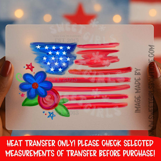 Painted American Flag Floral Heat Transfer DTF Iron On Printable Transfer Patriotic USA Art Design Not a Shirt