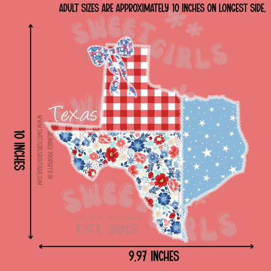 Texas State Floral Patchwork Heat Transfer – Ready to Press Patriotic Bow Design – USA Floral Gingham & Stars Iron-On Transfer for Shirts, Bags, and More – Trendy Heat Transfer