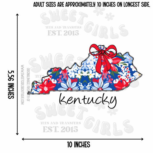 Kentucky State Floral Bow Heat Transfer – Ready to Press Trendy USA Map Iron-On Design for Shirts, Totes, Patriotic DIY – Cute & Durable