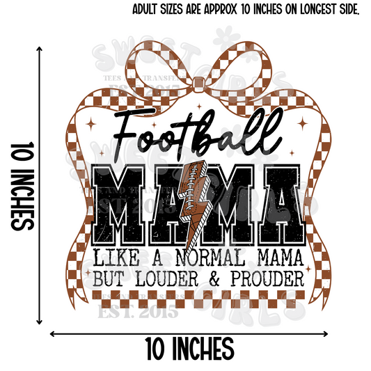 Football Mama Heat Transfer – Western Checker Bow with Football Lightning Bolt – Ready to Press DTF for Loud & Proud Sports Moms, DIY Game Day Tees
