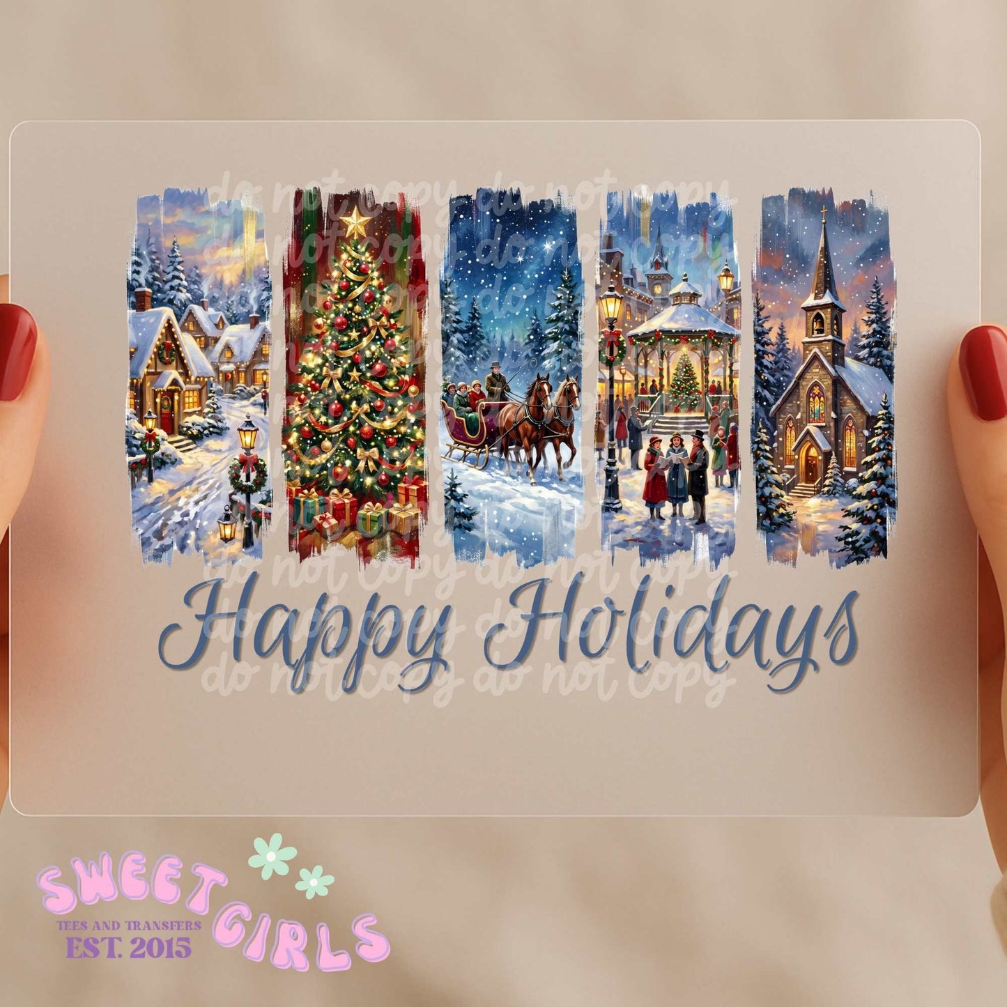 Happy Holidays Christmas Village Tree Church Sleigh DTF Heat Transfer, Ready To Press, NOT A SHIRT