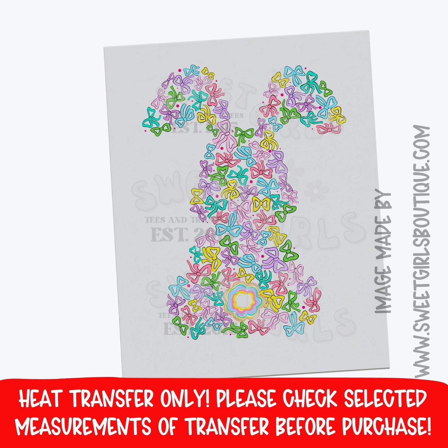 Bow Bunny Outline Heat Transfer – Pastel Bow Bunny Silhouette DTF Print (Not a Shirt)