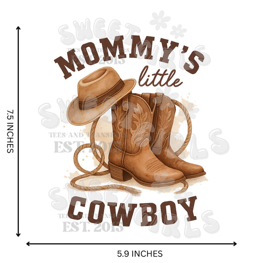 Toddler-Youth-Mommy’s Little Cowboy DTF Transfer – Western Boots Hat & Rope Iron-On – Country Baby Heat Transfer for Shirts, Bags & Gifts – Washable & Press Ready