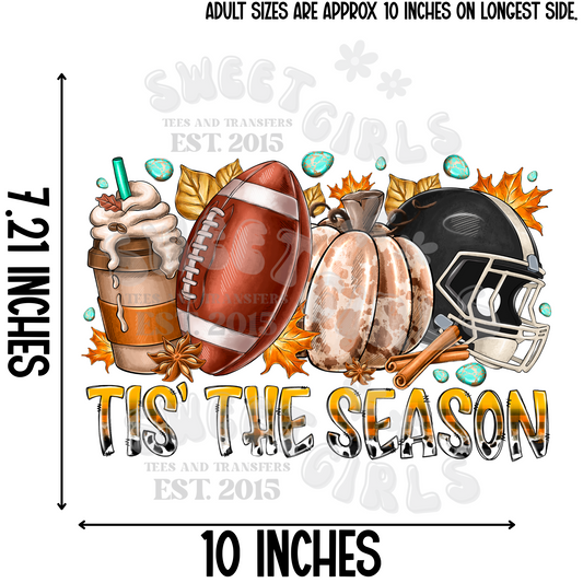 Tis' The Season Heat Transfer – Cozy Football Fall Aesthetic with Helmet, Pumpkins, and Coffee – Ready to Press DTF for Autumn Tailgate Shirts and Festive DIY Gifts